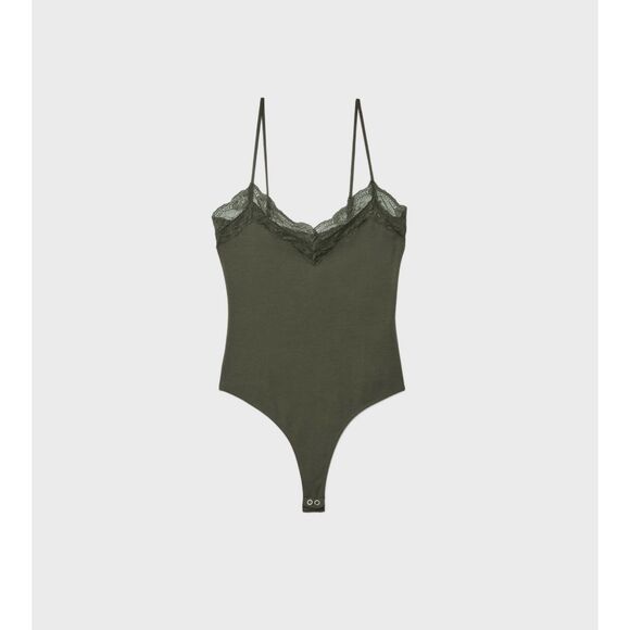 Stradivarius Cotton Bodysuit with Lace Detail in Green NWT - Picture 5 of 13